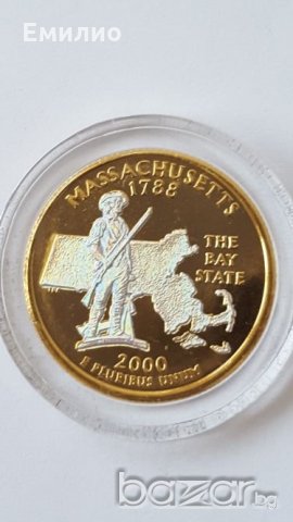 State Quarter GOLDEN PLATED 25 cents 2000-D MASSACHUSETTS 1788 UNC, снимка 1 - Нумизматика и бонистика - 19323457