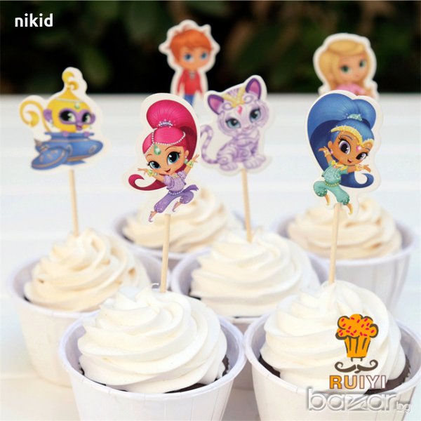 Искрица и Сияйница shimmer and shine 24 бр топер топери клечки за мъфини декорация и украса, снимка 1