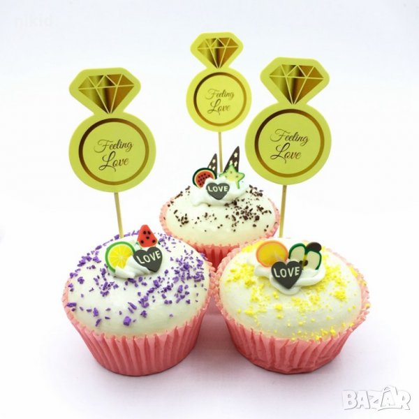 24 бр пръстен пръстени халки сватбени Feeling Love топери клечки декорация мъфини парти сватба годеж, снимка 1