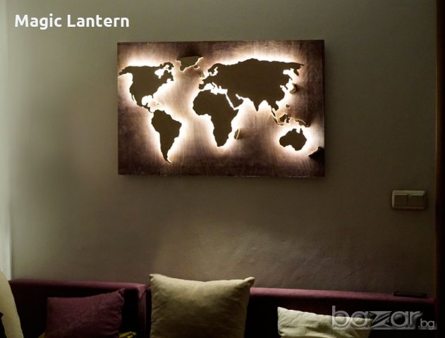 Дървена и светеща карта на света, снимка 3 - Декорация за дома - 20375196