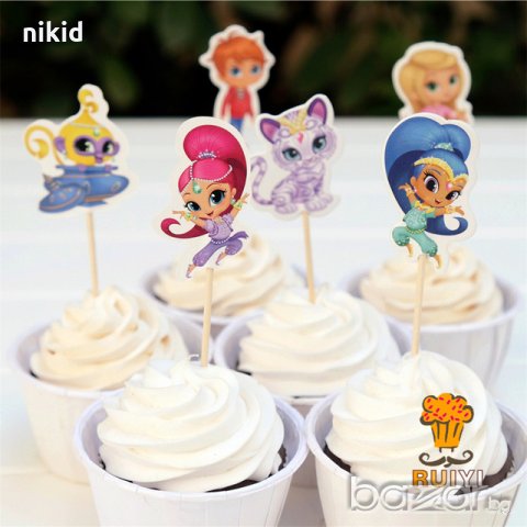 Искрица и Сияйница shimmer and shine 24 бр топер топери клечки за мъфини декорация и украса