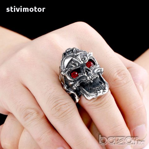 Пръстен мъжки стомана череп+камъни,., снимка 2 - Пръстени - 17793256