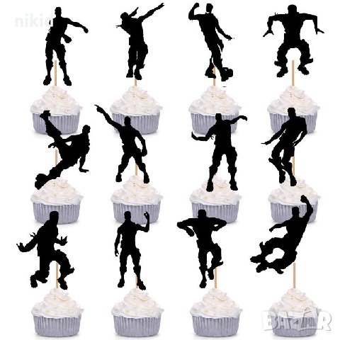 24 бр Fortnite Фортнайт черни топери за мъфини кексчета украса декор