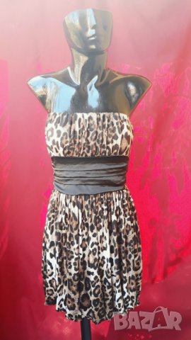Къса рокля бюстие леопардов принт и панделка тип балон С/М, снимка 1 - Рокли - 22608894