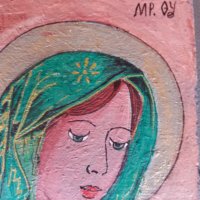Малка рисувана икона Богородица., снимка 2 - Икони - 23297997