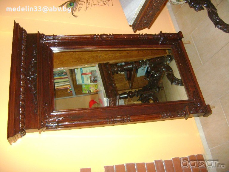 Старо 1890 г. реликва-френско огледало,дърворезба,орех, снимка 1