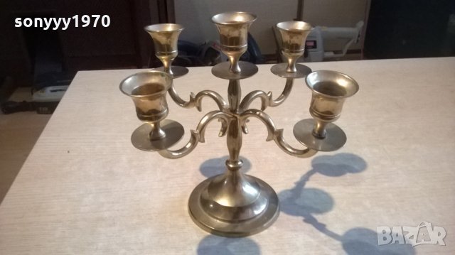 свещник за 5 свещи-масивен-мед/месинг-20х18х18см, снимка 6 - Антикварни и старинни предмети - 23992789