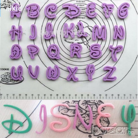 Стил Дисни Disney 26 букви азбука латиница форми ръкопис резци за украса декор торта тесто фондан 