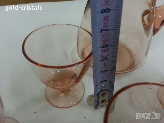 стари стъклени чаши и кана за ракия розово стъкло, снимка 2 - Антикварни и старинни предмети - 25134680