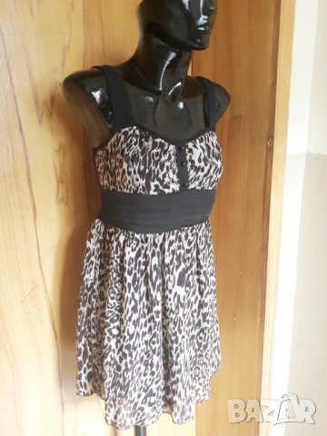 Кафява къса рокля леопардов принт от шифон С/М, снимка 2 - Рокли - 25695460