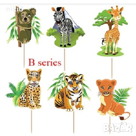 B серия ЗОО живитни 24 бр топер топери клечки за мъфини декорация и украса, снимка 1