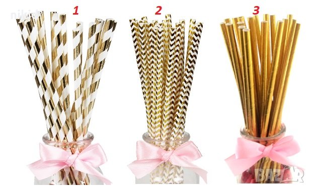 25 бр картонени сламки злато райе зиг заг парти украса декорация рожден ден, снимка 1