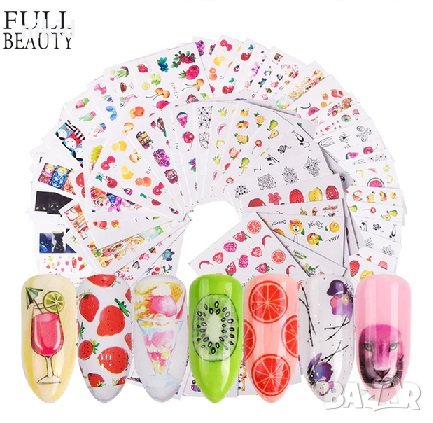 58 бр листа микс плодове и черно бели  ваденки стикери водни стикери слайдери за нокти маникюр декор