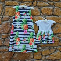 Еднакви рокли за майка и дете с ананаси и черно бяло рае, лятна рокля,рожден ден, цветна, шарена, снимка 2 - Бебешки рокли - 25767108
