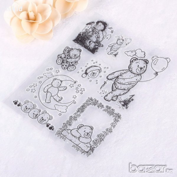 Мече Мечета Сънчо силиконов гумен печат декорация и украса за бисквитки фондан Scrapbooking, снимка 1