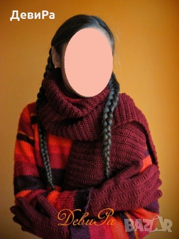 Комплект - плетени ръкавици и шал ,,Зима в бордо", снимка 3 - Шапки - 23741329