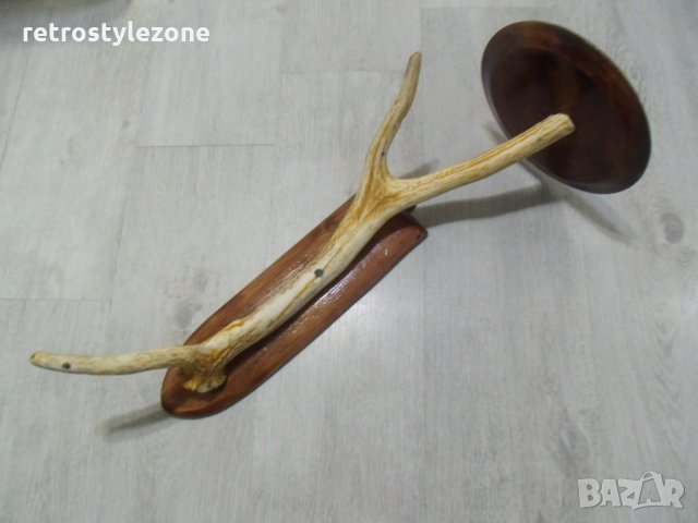 № 1669 стара поставка / декорация от рог за стена   - ръчна изработка от рог и дърво  - реновирана  , снимка 2 - Други ценни предмети - 23796864