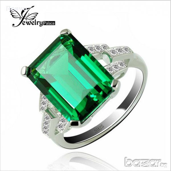 Посребрен дамски пръстен със зелен камък, фини кралски бижута със цирконии  , снимка 1