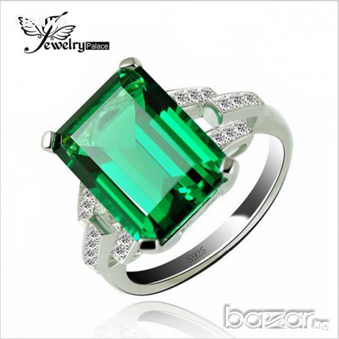 Посребрен дамски пръстен със зелен камък, фини кралски бижута със цирконии  