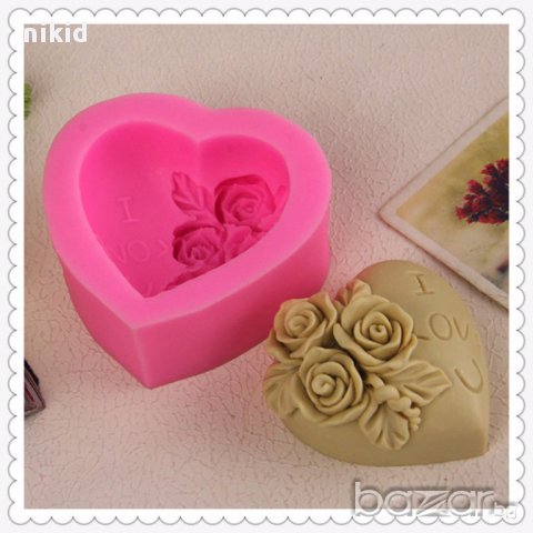 3D дълбоко сърце с рози i love you силиконова форма молд украса фондан шоколад сапун гипс свещ , снимка 1 - Форми - 17424208