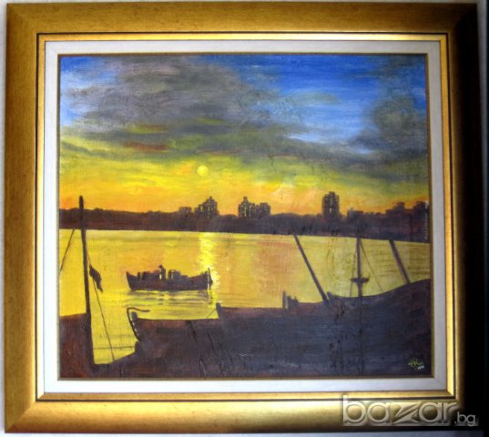 "Слънчев бряг - залез", маслена картина, Стен Леон, 1998 г. , снимка 2 - Други ценни предмети - 13173022