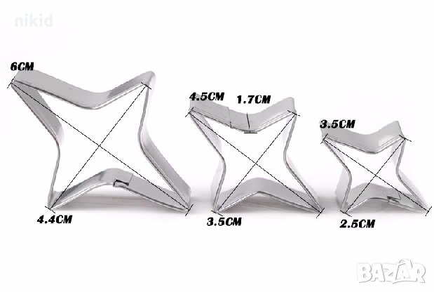 3 бр издължени звезди метални резци форми за тесто сладки бисквитки украса, снимка 1