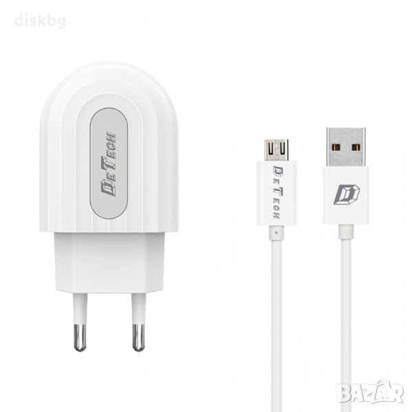 Ново зарядно от 220V на USB 2.1A De Tech + Кабел Micro USB, снимка 1