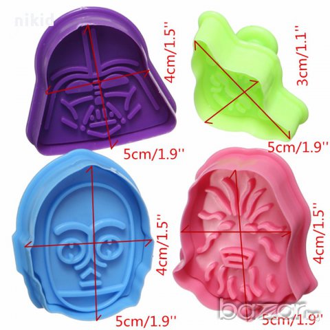 4 форми герои Star Wars Междузвездни войни Darth резци с бутало тесто бисквитки фондан резец форма, снимка 2 - Форми - 17837125