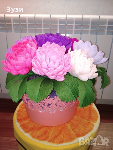 Цветя от хартия-Кълбести хризантеми, снимка 3 - Изкуствени цветя - 24676147