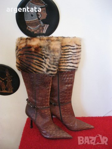  Уникални, нови бутикови ботуши от естествена крокодилска кожа и заешки косъм., снимка 1