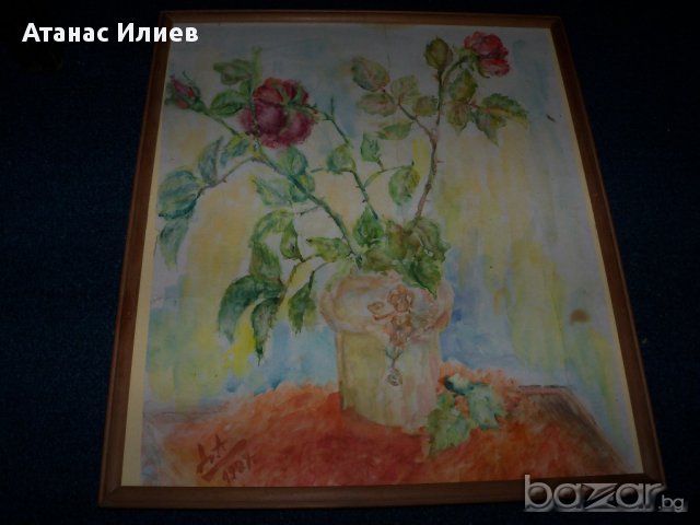 " Рози" - красив стар акварел от 1989г., снимка 2 - Картини - 10269500