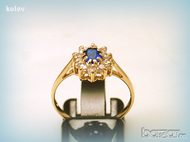 златен пръстен корона със син шпинел 2.31 грама/размер №52, снимка 4 - Пръстени - 20665081