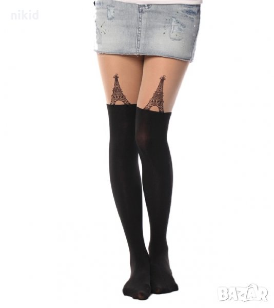 Дамски чорапогащник с Айфелова кула щампа черно телесен, снимка 1