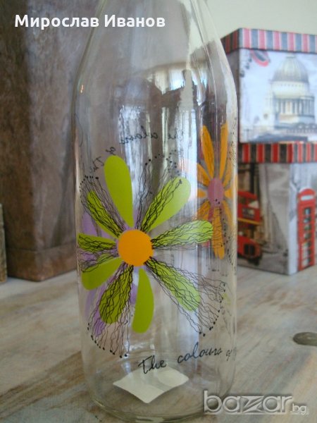 стъклена бутилка 1 литър декорация Цветя, снимка 1