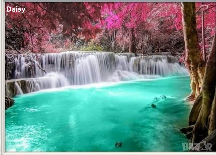 Диамантен гоблен"Водопад с розова гора", снимка 1