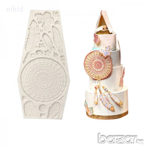 Огромен капан за сънища пера перо силиконов молд дантела форма декор торта фондан украса