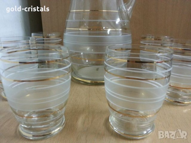 Ретро сервиз за вино кана с чаши с златен кант и гравюра , снимка 4 - Антикварни и старинни предмети - 22117694