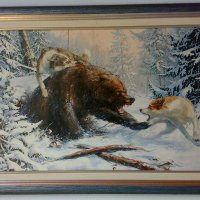 Мечка срещу кучета лайки, картина за ловци , снимка 1 - Картини - 19797590