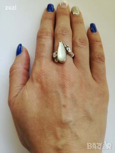 Стар сребърен пръстен с бял седеф, снимка 1