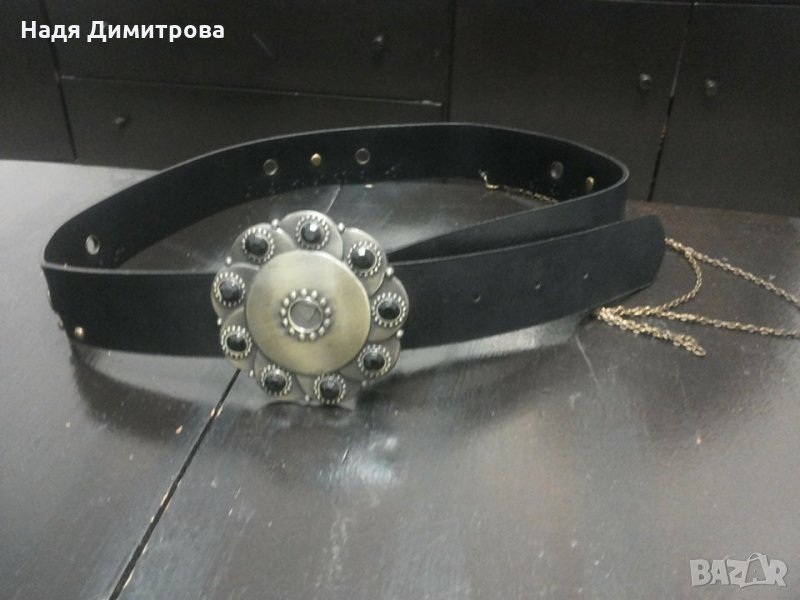 Кожен черен дамски колан и дръжки за чанти, снимка 1