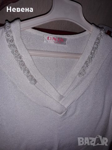 Дамска блуза с дълъг ръкав бяла с перли, снимка 1 - Блузи с дълъг ръкав и пуловери - 21638303