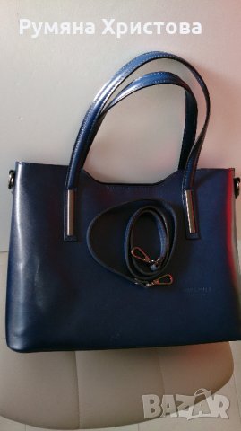 Нова, тъмно синя дамска чанта от естествена кожа, снимка 3 - Чанти - 23745179