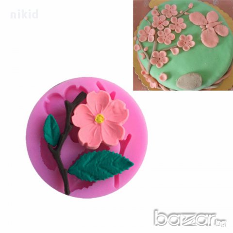 3D клонка цвете вишнев цвят с листа силиконов молд форма украса декор торта фондан шоколад, снимка 3 - Форми - 15228985