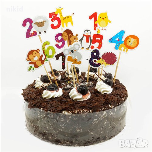 животни с цифри на клечки картонени топери за украса торта мъфини парти Рожден ден години декор, снимка 1