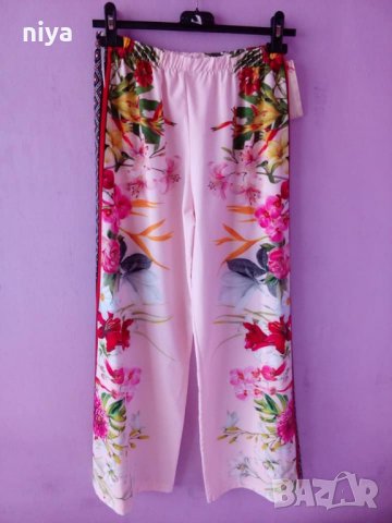 Сатенен панталон със флорални мотиви в бледо розов цвят, снимка 7 - Панталони - 25642902