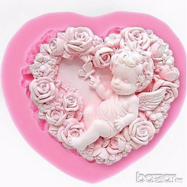 ангел в сърце с рози силиконов молд форма за украса декорация фондан торта гипс, снимка 1