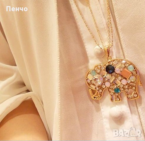 За подарък нов модерен стилен моден златна верижка слон цветна висулка кристал огърлица за жени, снимка 6 - Колиета, медальони, синджири - 24363801
