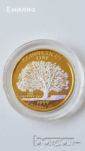 State Quarter GOLDEN PLATE 25 cents 1999 год. CONNECTICUT-1788 UNC, снимка 3 - Нумизматика и бонистика - 19323412
