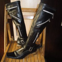 Италиански черни кожени дамски ботуши, с декоративни ципове, естествена кожа, зимни обувки, чизми, снимка 10 - Дамски ботуши - 19758410