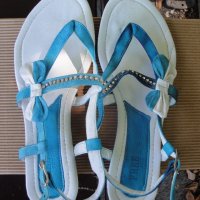 Нови кокетни синьо-бели кожени дамски сандали / летни обувки "Free Sun", естествена кожа, чехли, снимка 6 - Сандали - 18759237